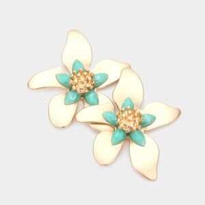 Pierced 1 1/2" matte gold and seafoam button style flower earrings